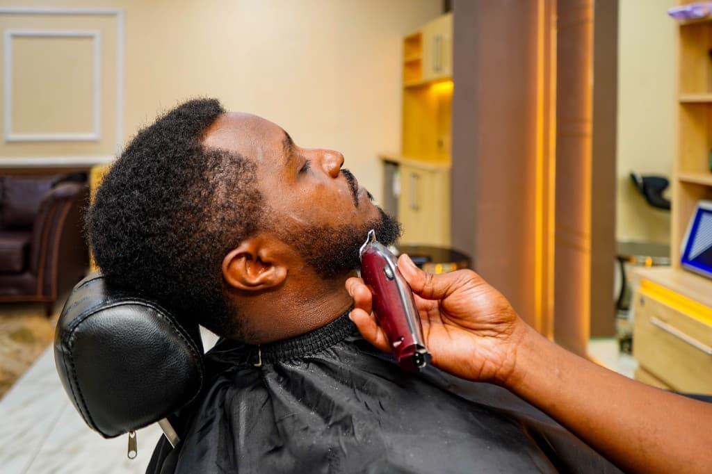 Close-up of a professional beard trim at Lintons